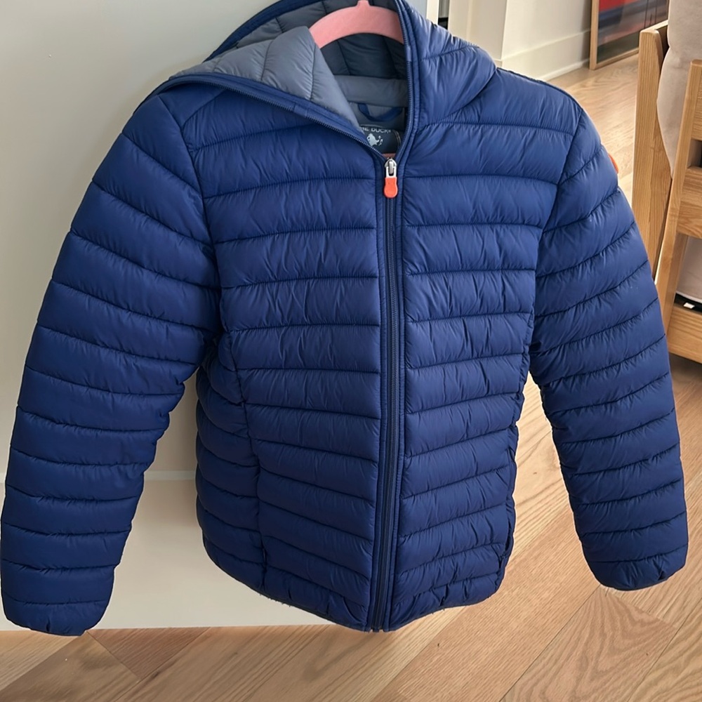 SAVE THE DUCK BOYS' HOODED ANIMAL FREE PUFFER JACKET DONY IN NAVY BLUE